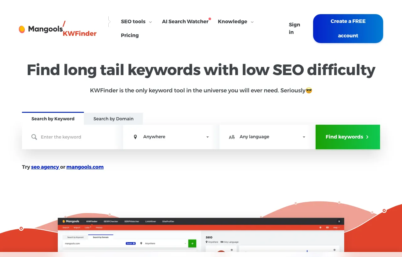 Mangools KWFinder page headed Find long tail keywords with low SEO difficulty, with a keyword search box and dashboard preview.