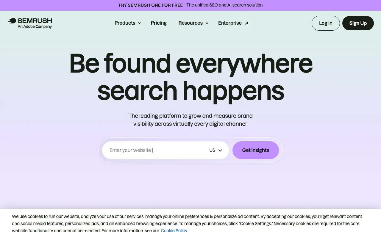 Semrush homepage headed Be found everywhere search happens, noting Semrush is an Adobe company.