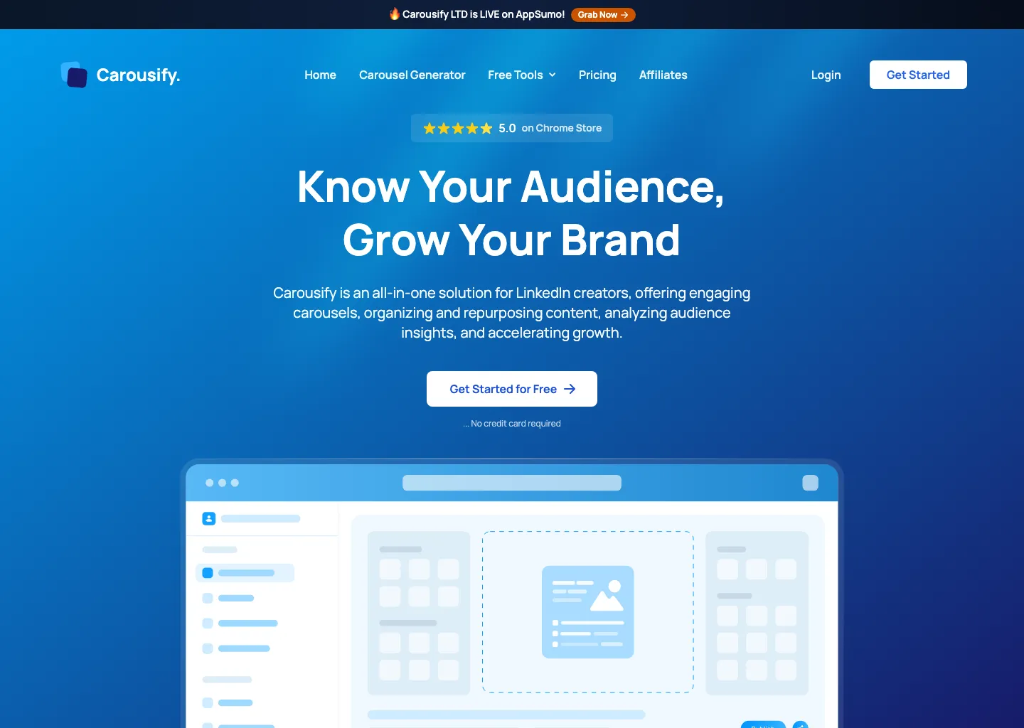 Carousify homepage with the tagline Know Your Audience, Grow Your Brand and a LinkedIn carousel builder preview