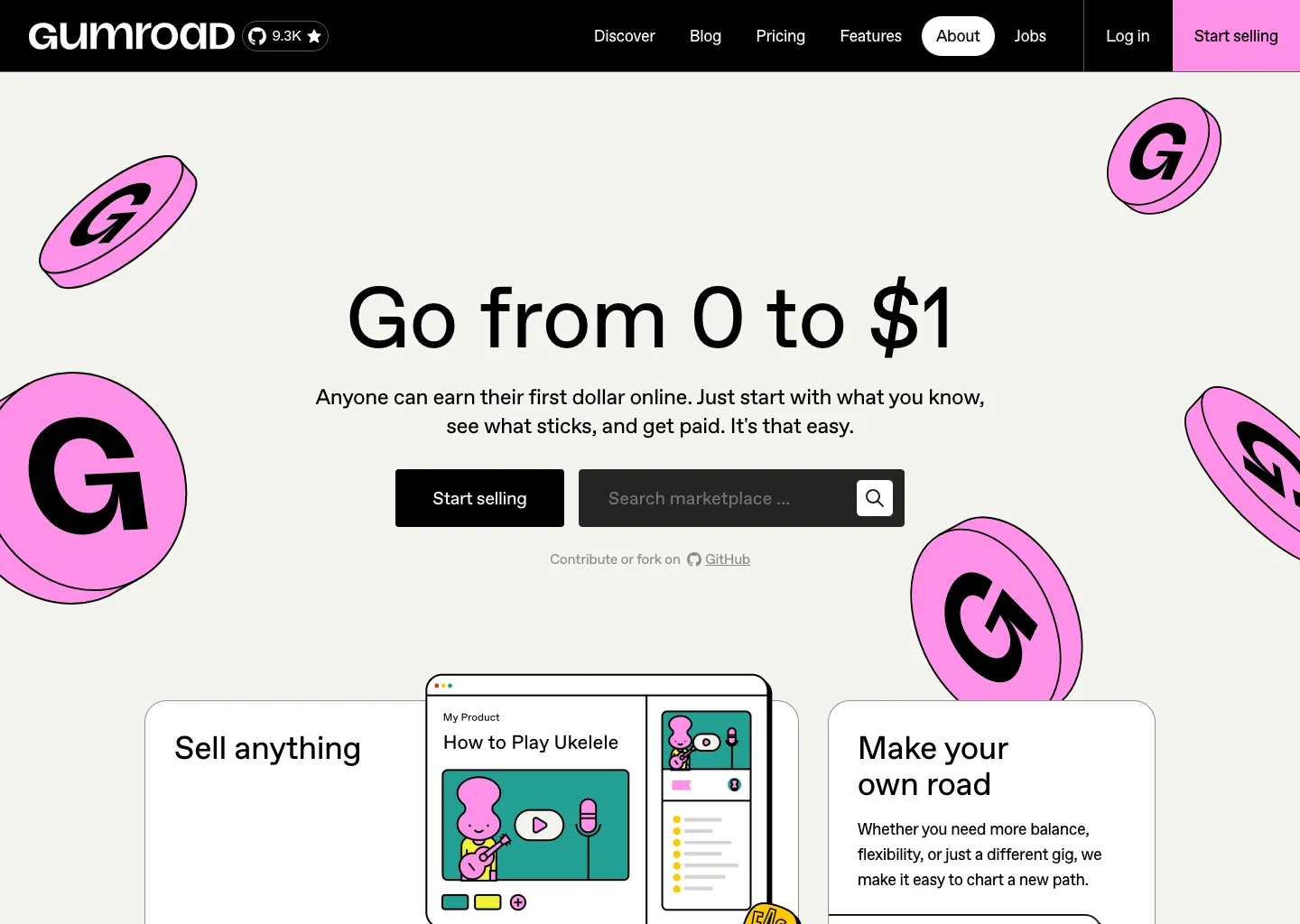 Gumroad homepage with the heading Go from 0 to $1 and the line anyone can earn their first dollar online