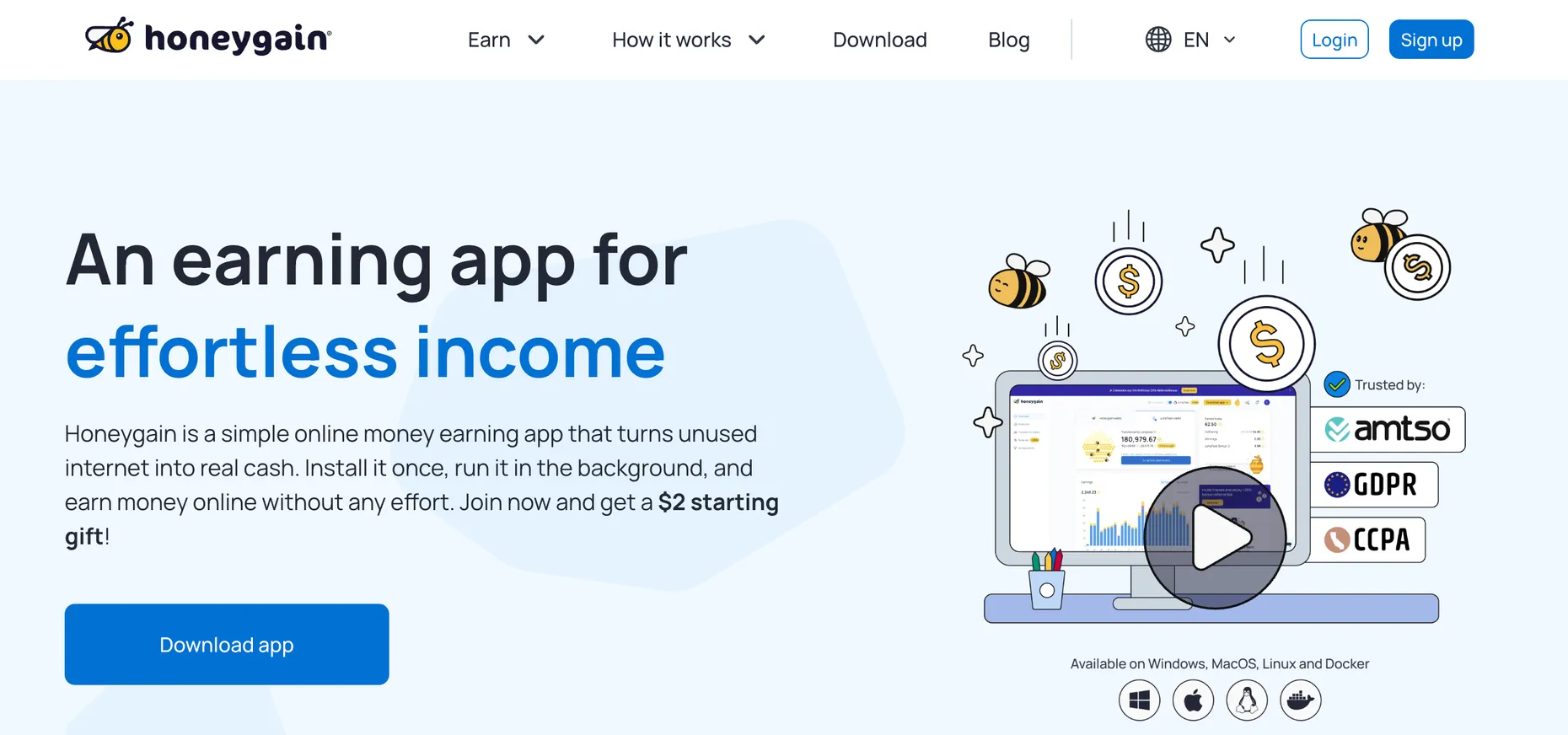 Honeygain homepage with the heading An earning app for effortless income and a dashboard preview showing earnings and referral stats