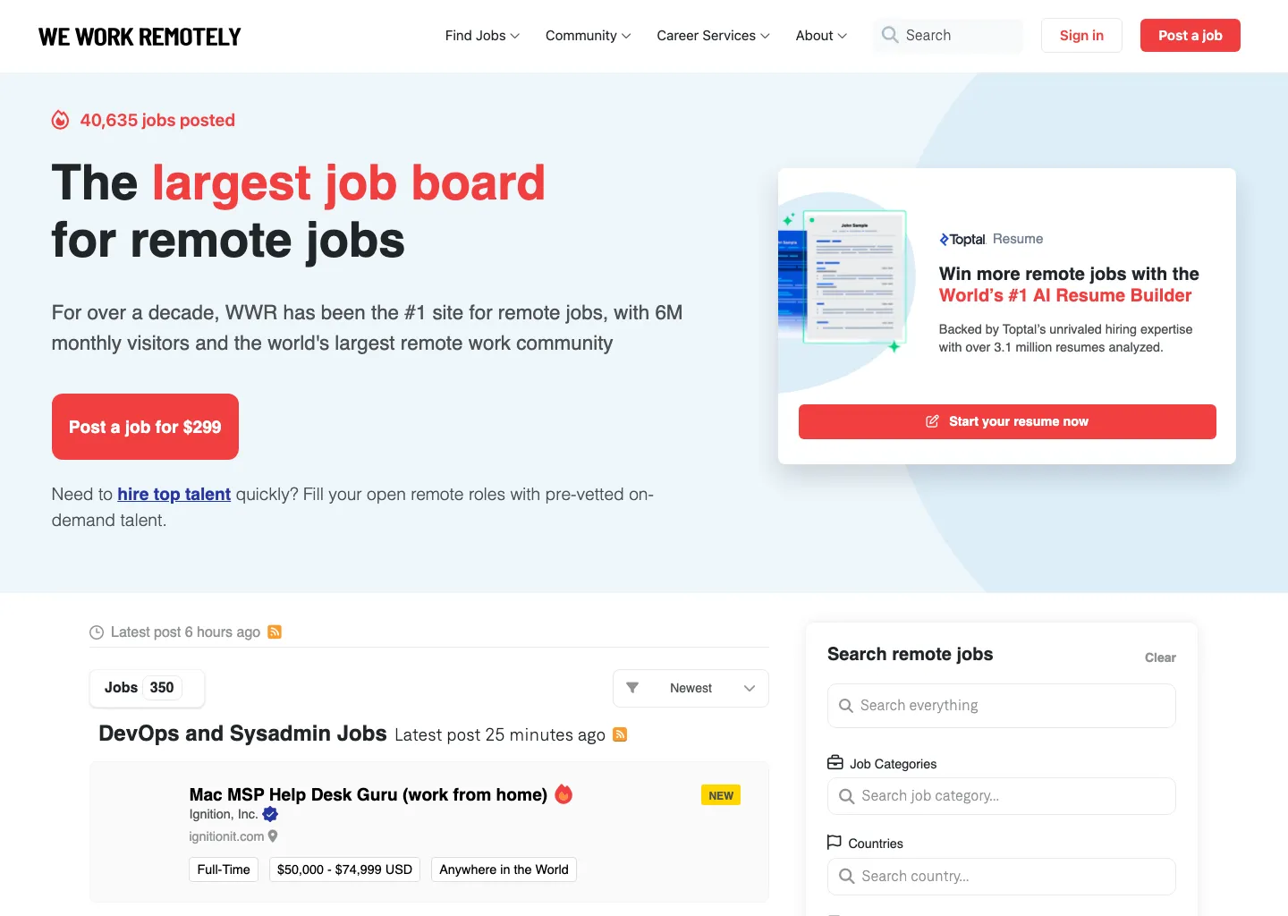 We Work Remotely job board showing 40,635 jobs posted and a live remote job listing with a salary range