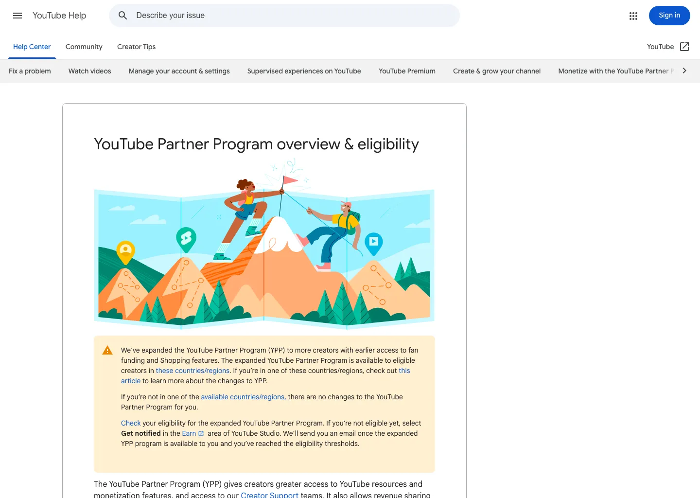 YouTube Help page titled YouTube Partner Program overview and eligibility