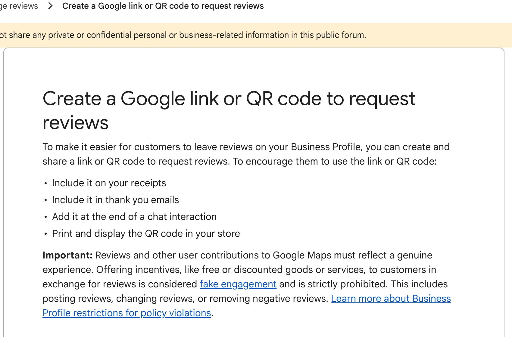 Google Business Profile Help page titled Create a Google link or QR code to request reviews, listing suggested uses including printing the QR code and displaying it in store, with a warning that offering incentives for reviews is prohibited