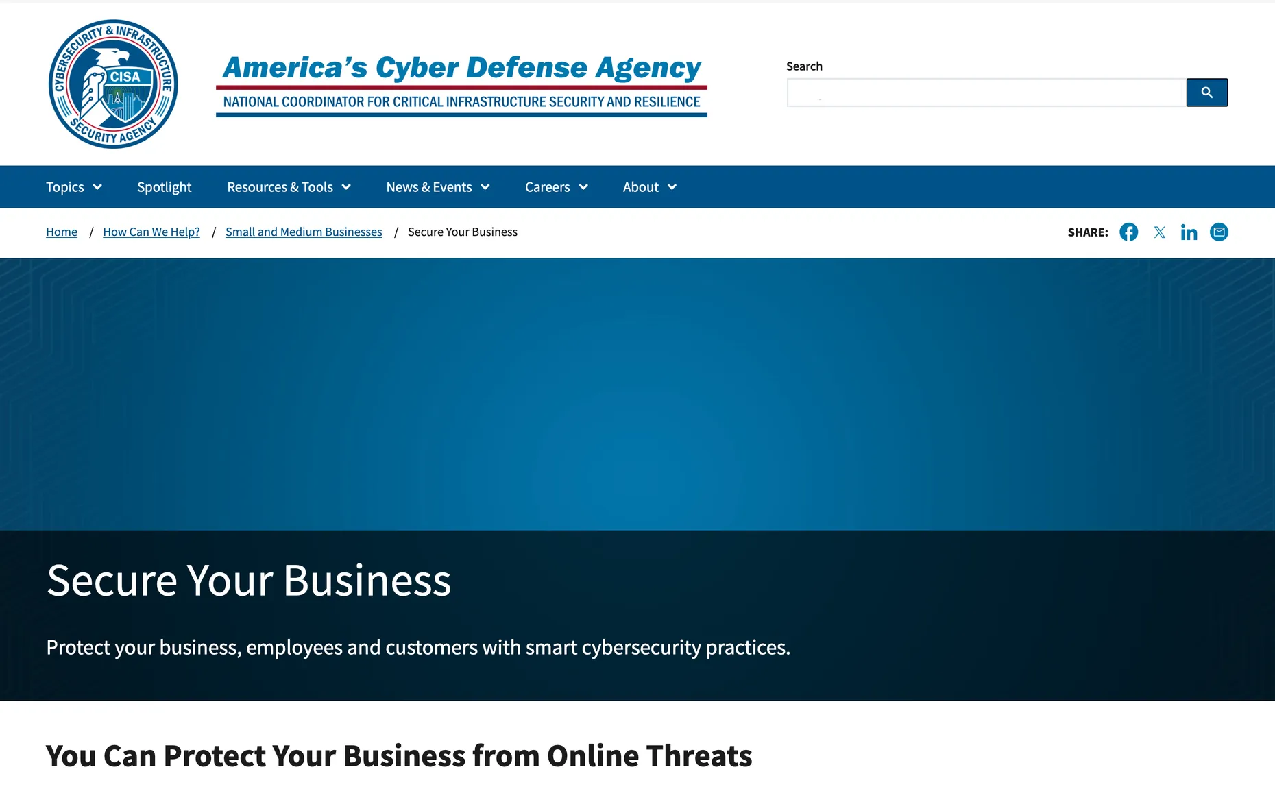 The CISA Secure Your Business page, a government cybersecurity resource for small and medium businesses