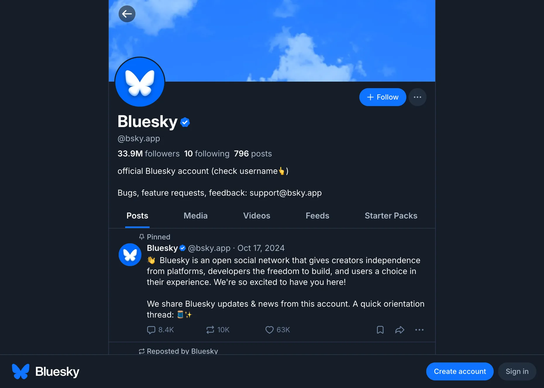 The official Bluesky app interface showing a profile and feed, with a compose button but no built-in option to schedule a post for later