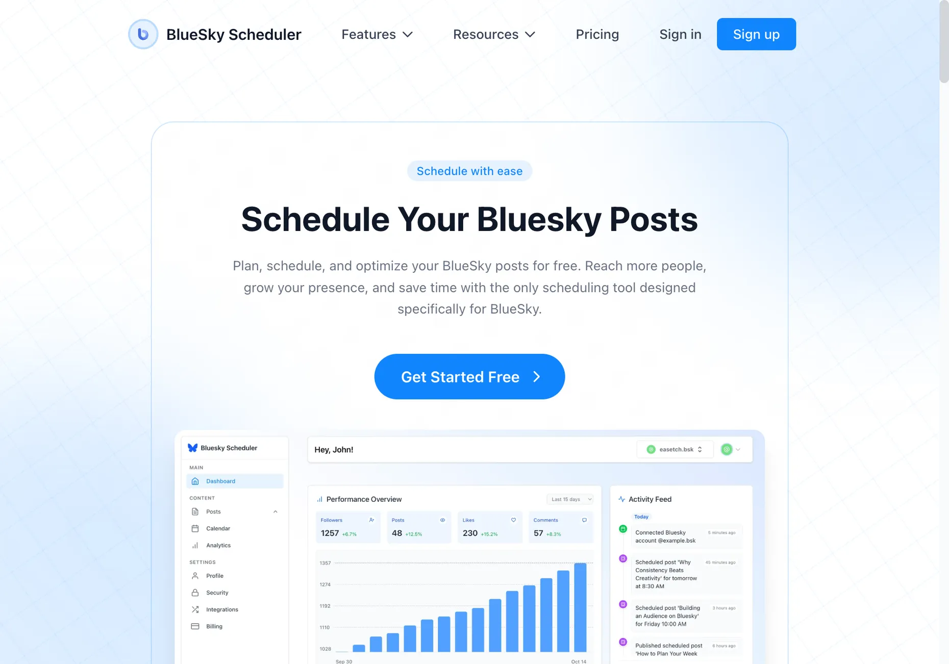 BlueSky Scheduler dashboard showing a performance overview with follower, post, like and comment stats, a posting calendar, and an activity feed of scheduled Bluesky posts