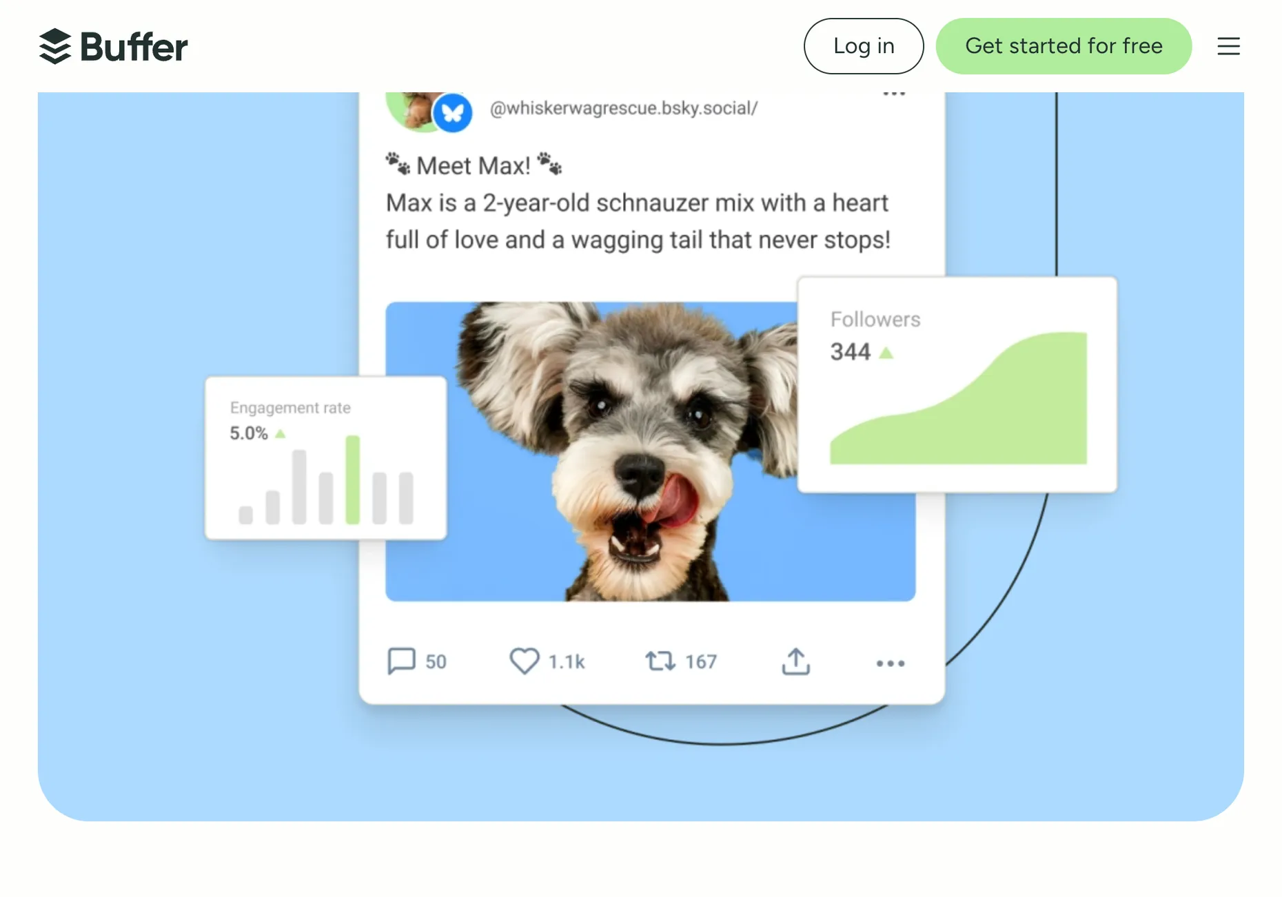 Buffer's Bluesky page showing a scheduled Bluesky post preview with engagement rate and follower growth cards