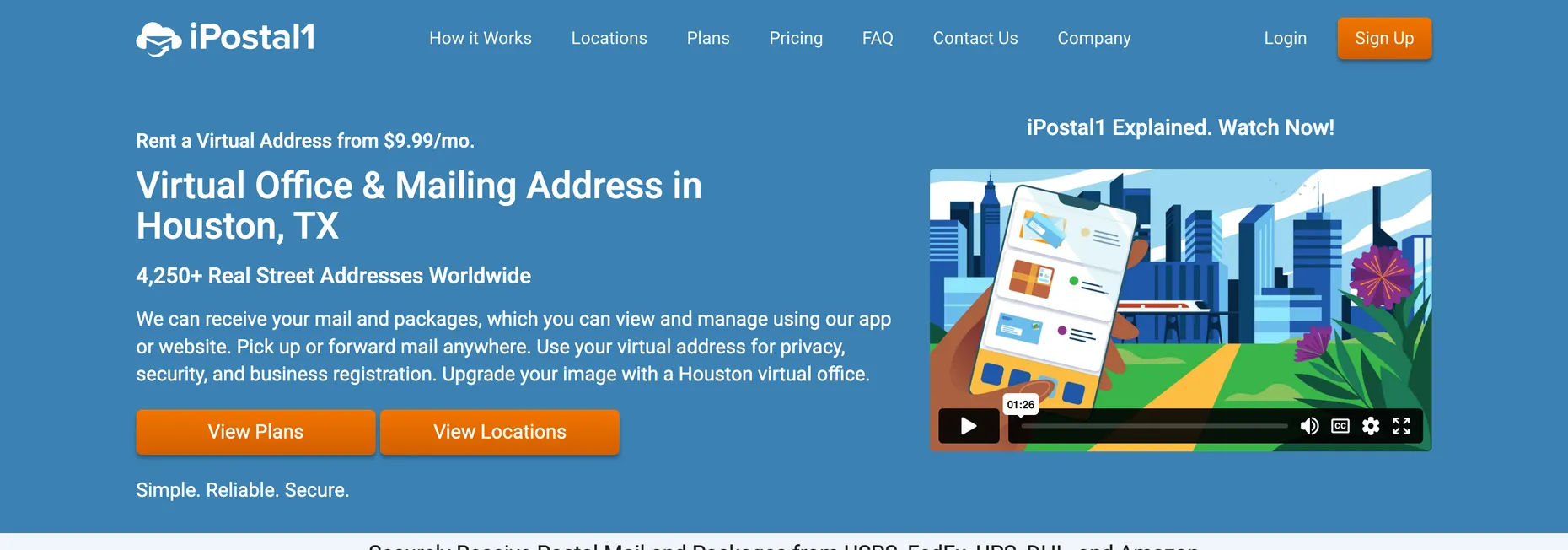 iPostal1 virtual office and mailing address page for Houston, TX, advertising real street addresses from $9.99 a month