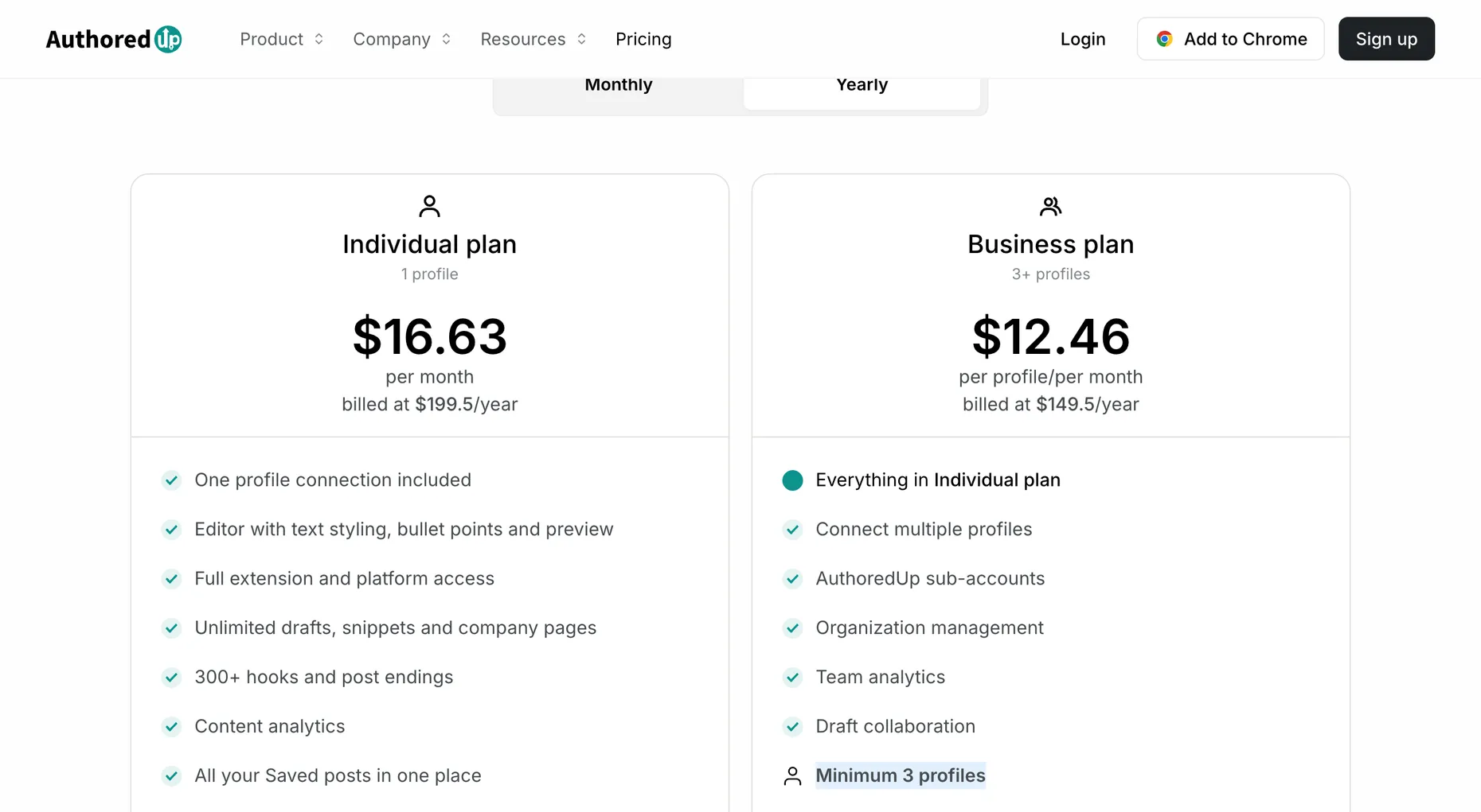 AuthoredUp pricing page showing the Individual plan at $16.63 per month billed at $199.50 a year and the Business plan at $12.46 per profile per month