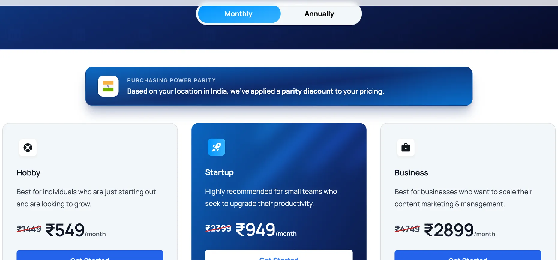 Carousify pricing page showing a purchasing power parity banner for India and Hobby at 549 rupees a month reduced from 1449 rupees