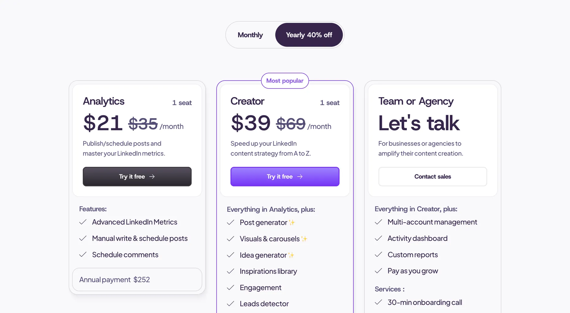 MagicPost pricing page with the Yearly 40 percent off toggle selected by default, showing $21 with $35 struck through and $39 with $69 struck through
