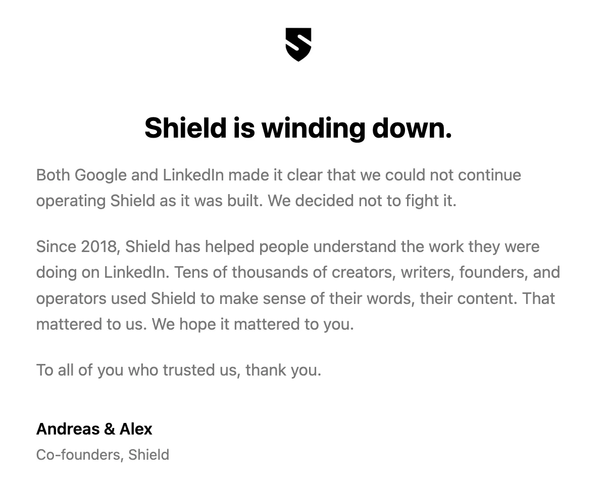 The shieldapp.ai website showing a wind-down notice that reads Shield is winding down, signed by co-founders Andreas and Alex