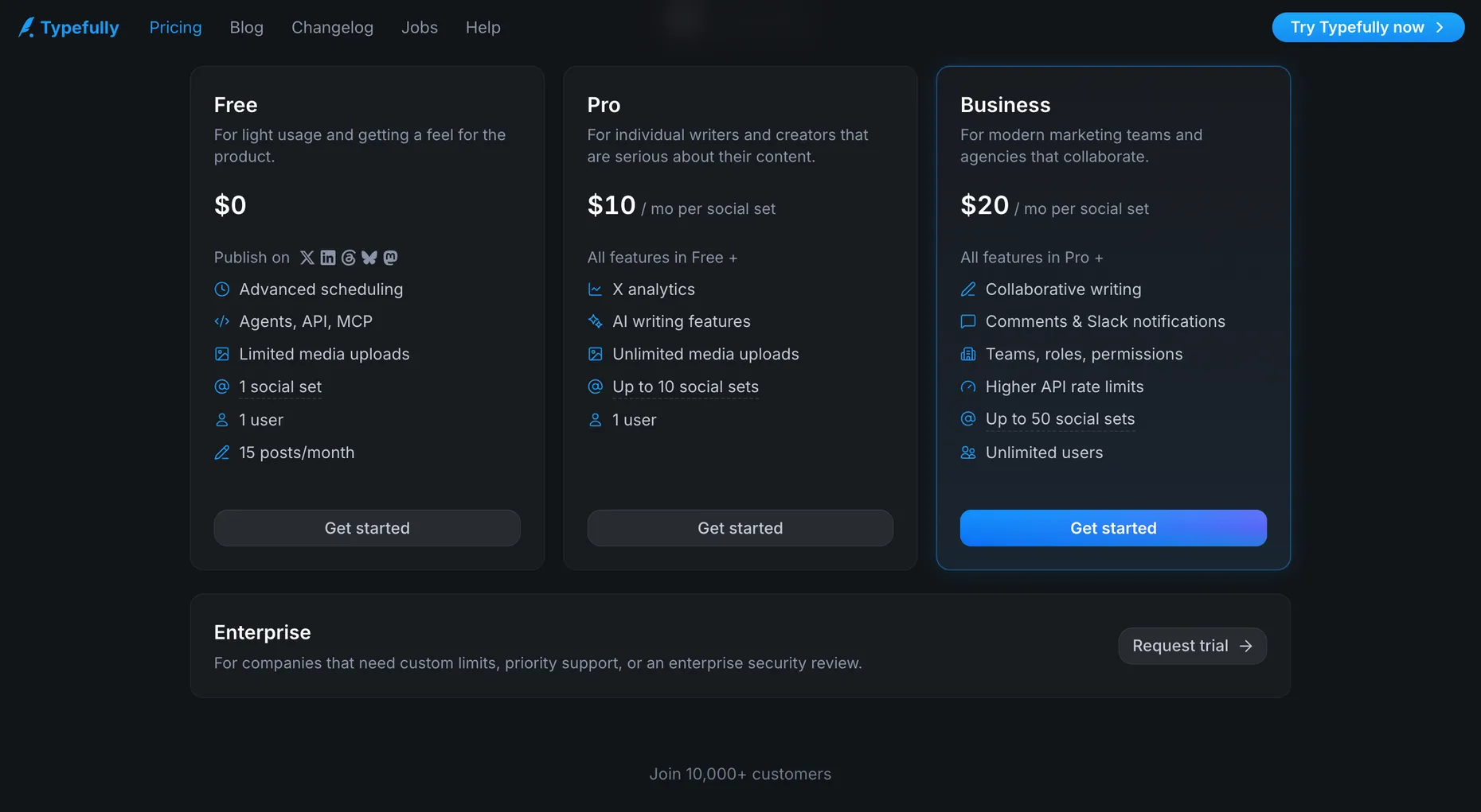 Typefully pricing page showing a Free plan at $0, Pro at $10 per month per social set and Business at $20 per month per social set