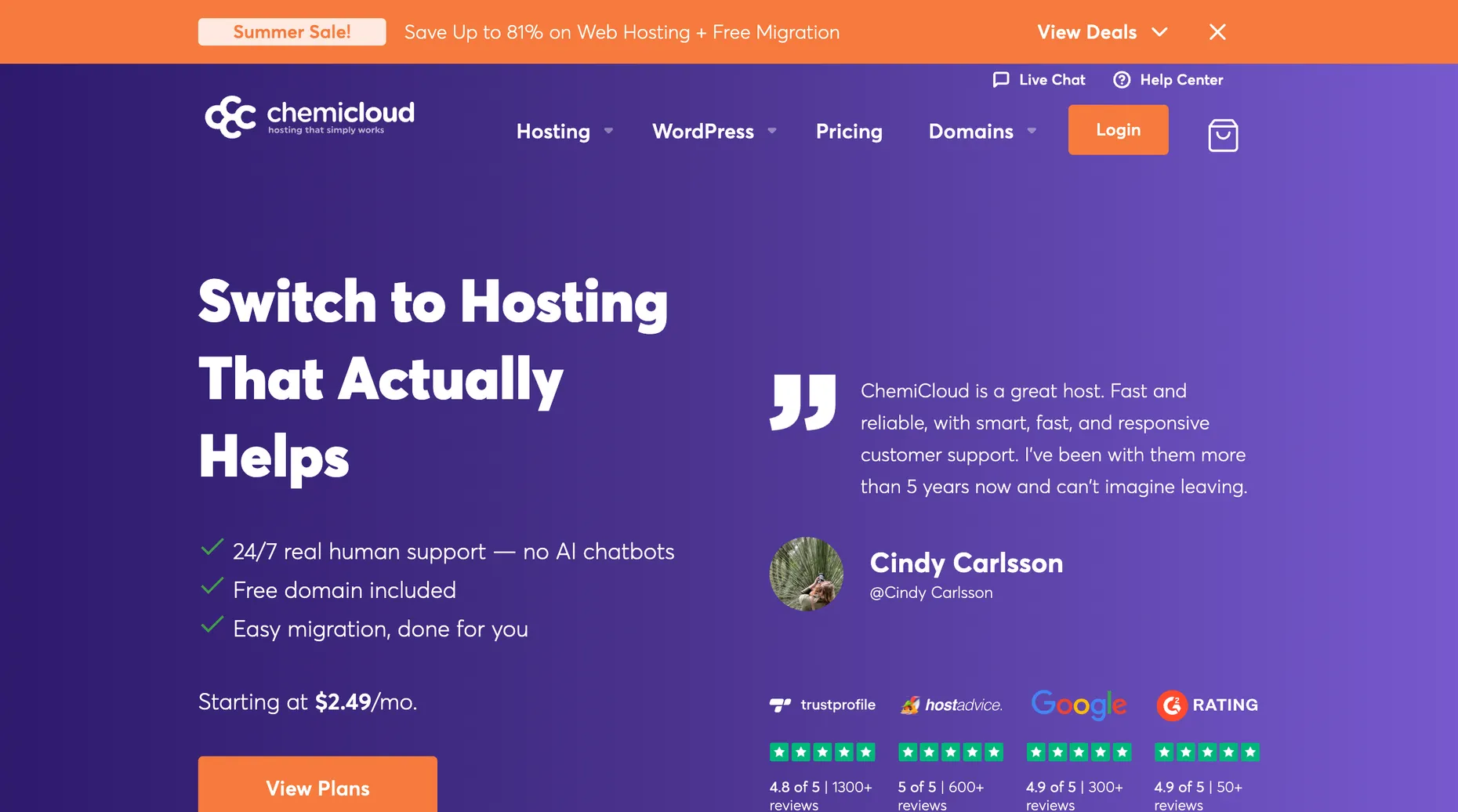 ChemiCloud worry-free web hosting homepage