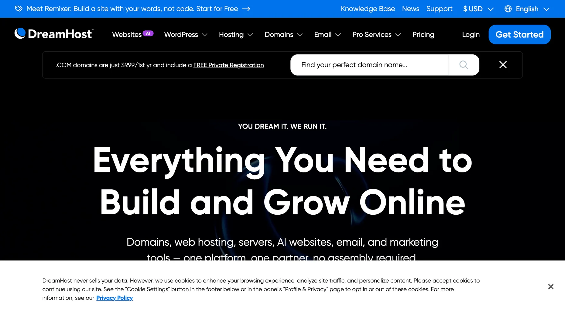 DreamHost web hosting homepage
