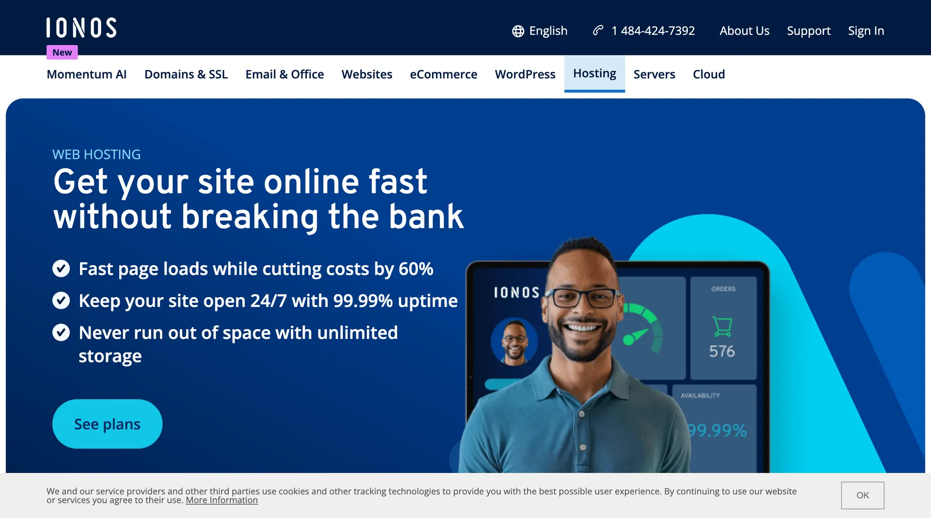 IONOS web hosting page showing 99.99% uptime