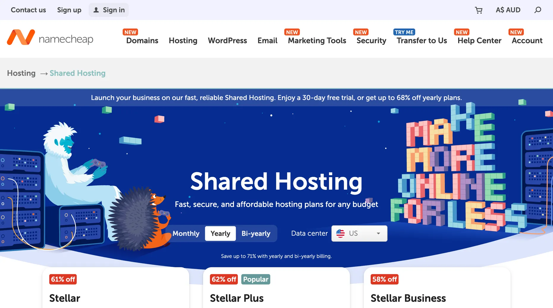 Namecheap shared hosting page
