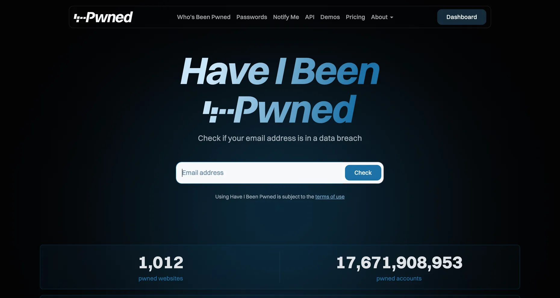 Have I Been Pwned homepage with an email check box and counters for breached sites and accounts