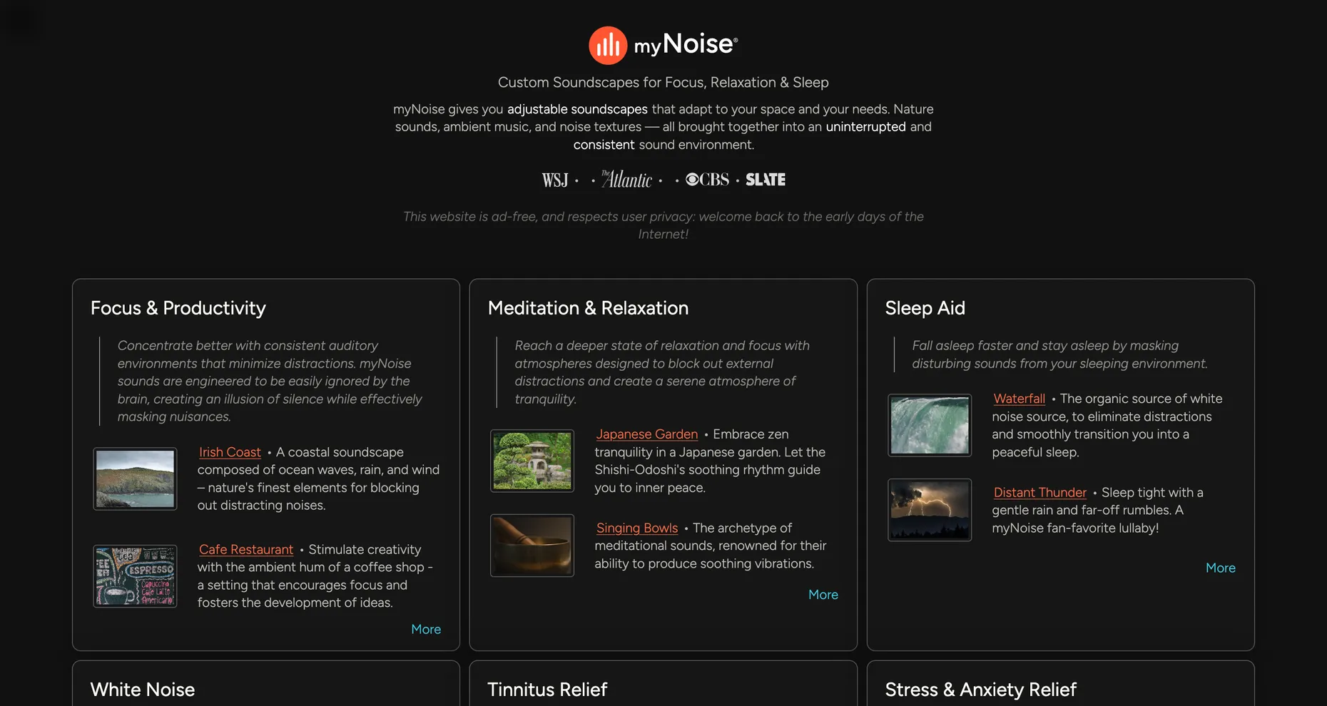 MyNoise homepage showing custom soundscape categories for focus, meditation and sleep