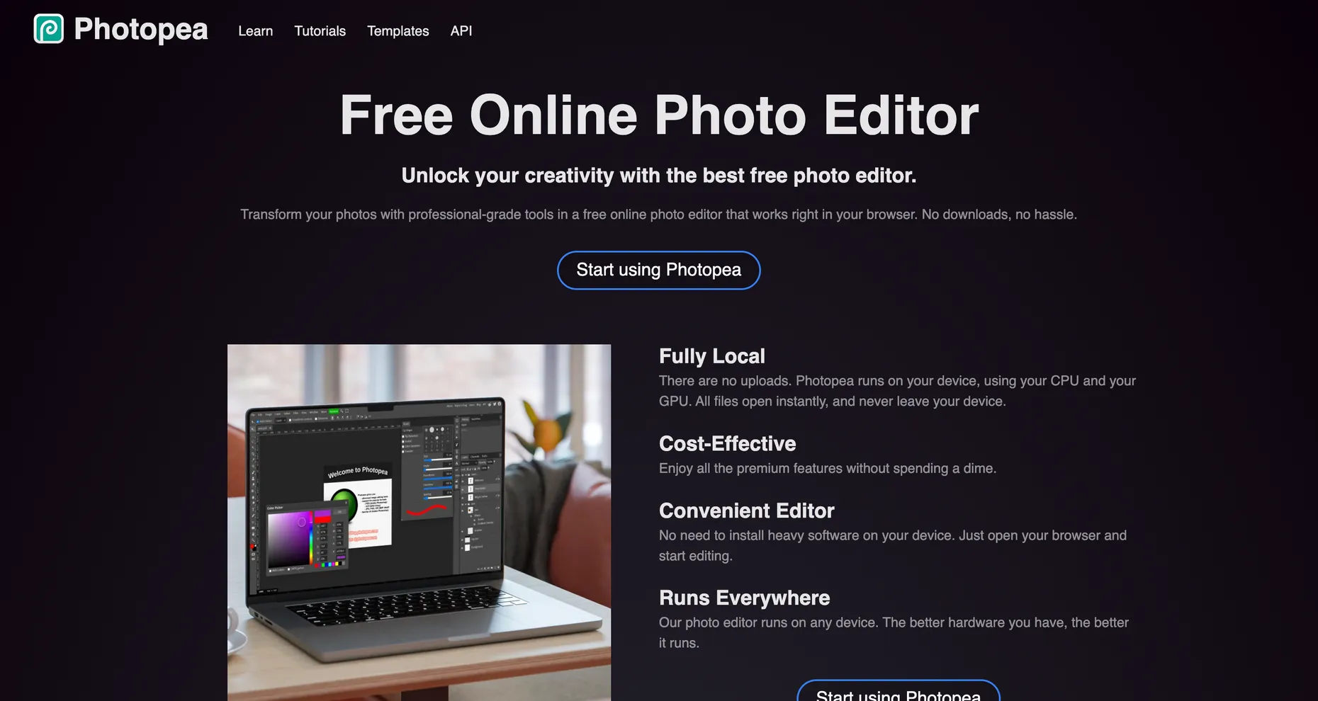 Photopea online photo editor landing page describing a free in-browser Photoshop alternative