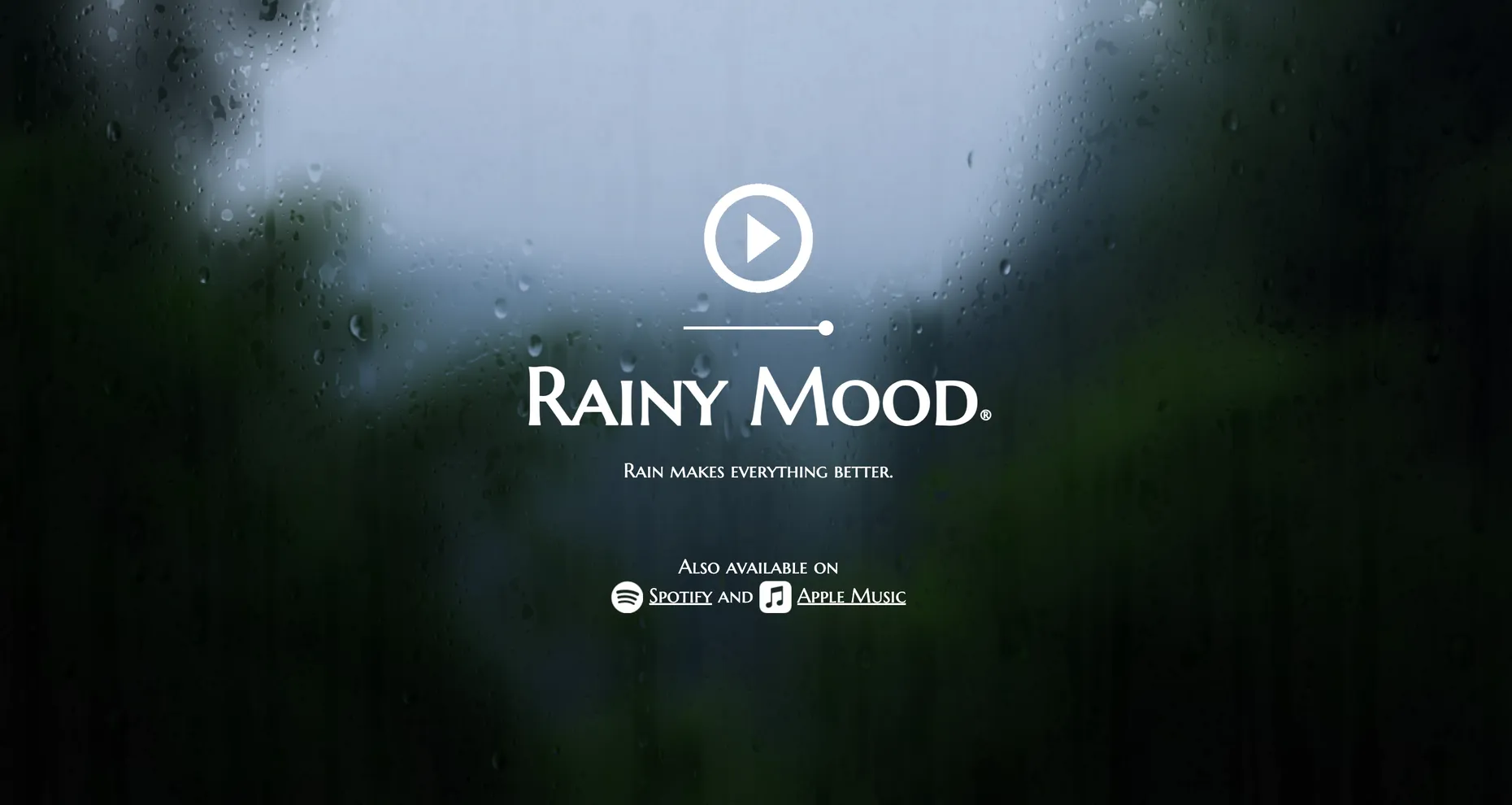 Rainy Mood showing a rainy window scene with a play button and the Rainy Mood logo