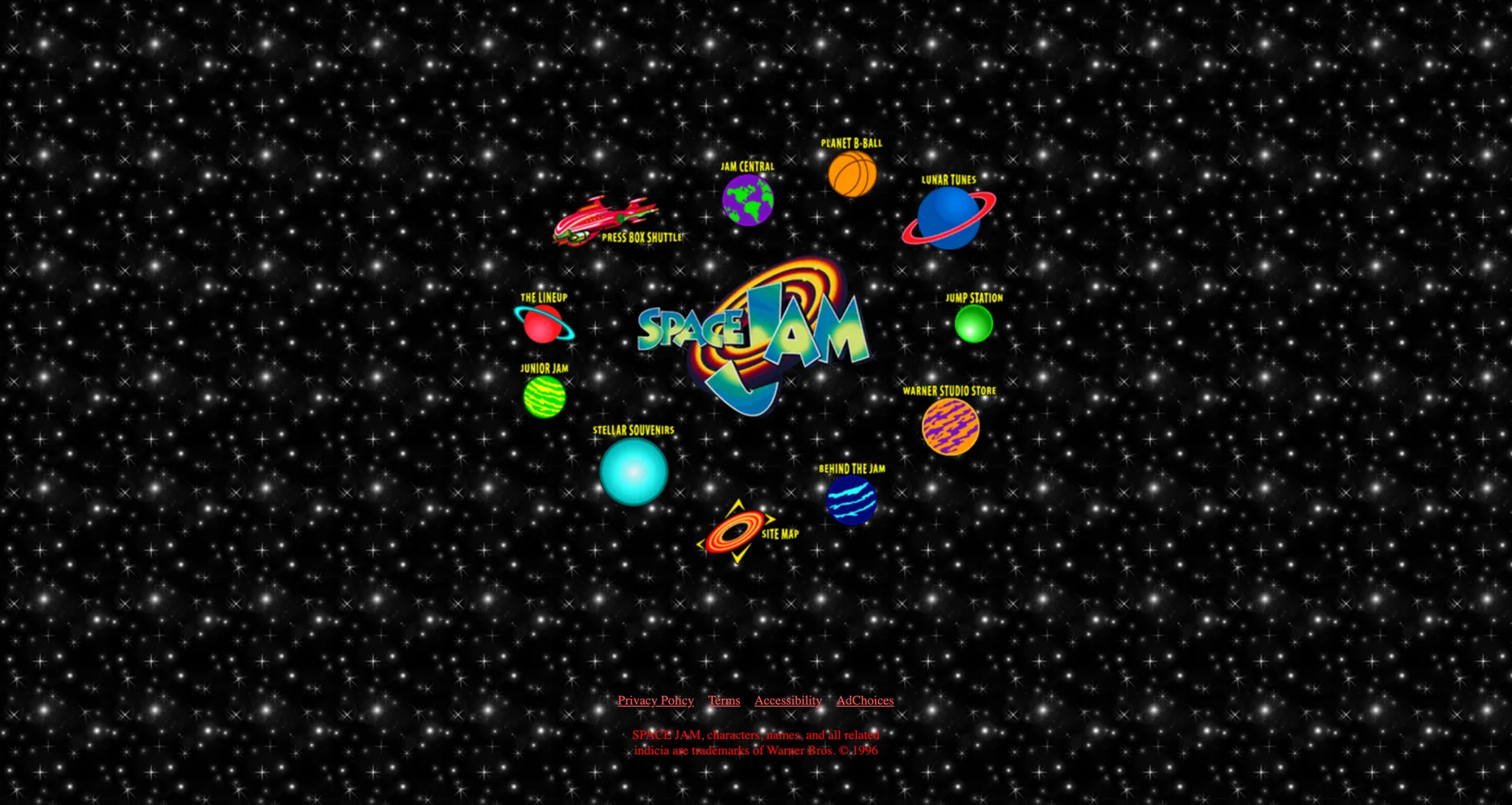 The original 1996 Space Jam website with planets arranged as a navigation menu on a starfield