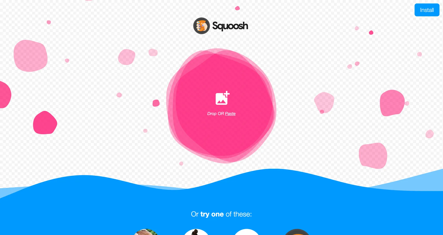 Squoosh image compressor homepage with a pink drop zone reading 'drop or paste'