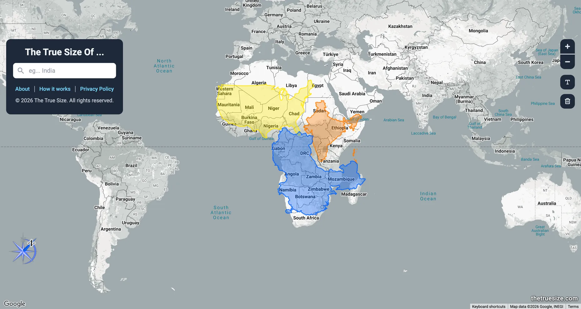 The True Size Of map tool with several countries dragged over the world map to compare their real area