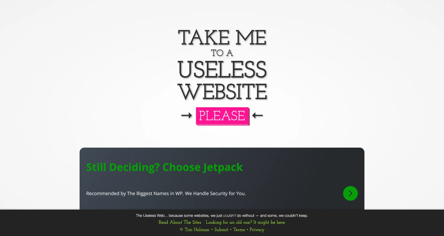 The Useless Web homepage with a large pink 'Take me to a useless website, please' button