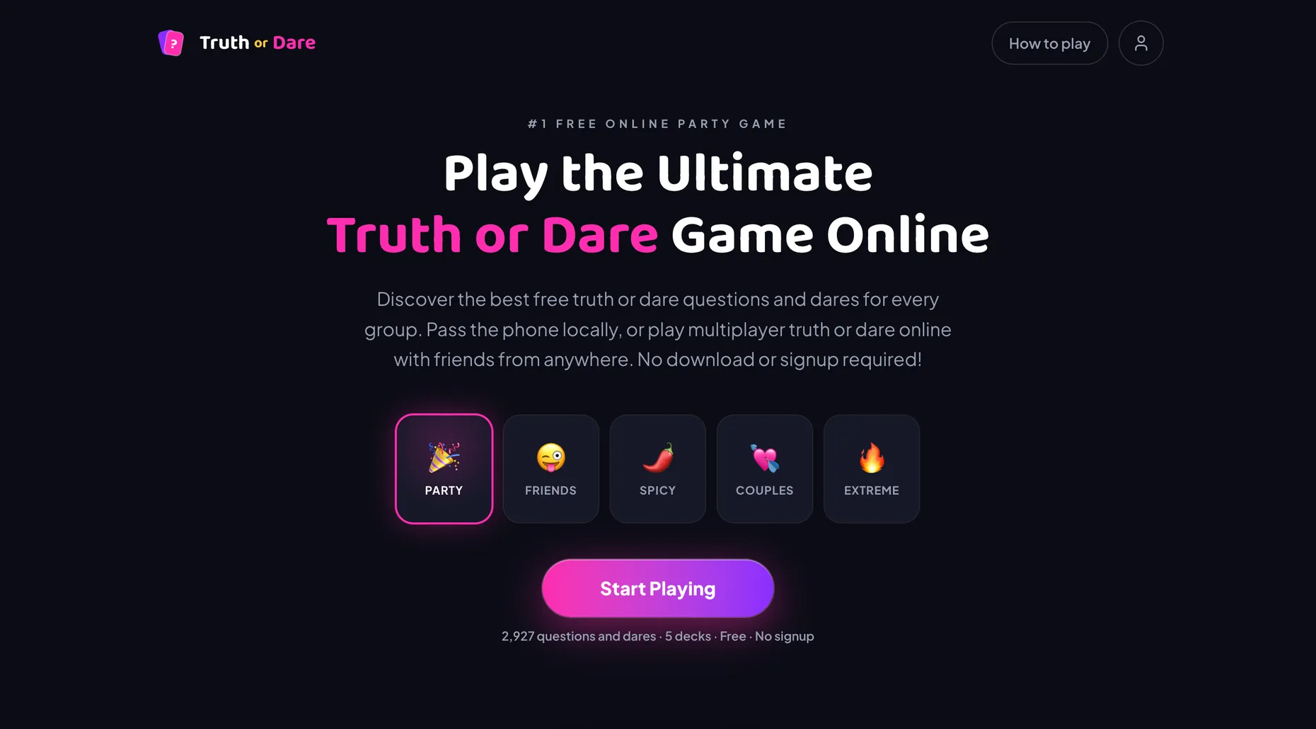 Truth or Dare Game homepage with five deck tiles — party, friends, spicy, couples, extreme — and a Start Playing button