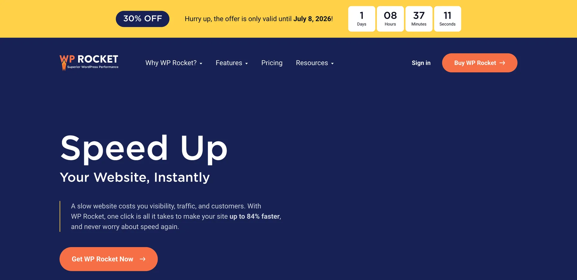 The WP Rocket homepage with a yellow banner reading 30% OFF, valid until July 8 2026, and a countdown timer, above the Speed Up Your Website headline
