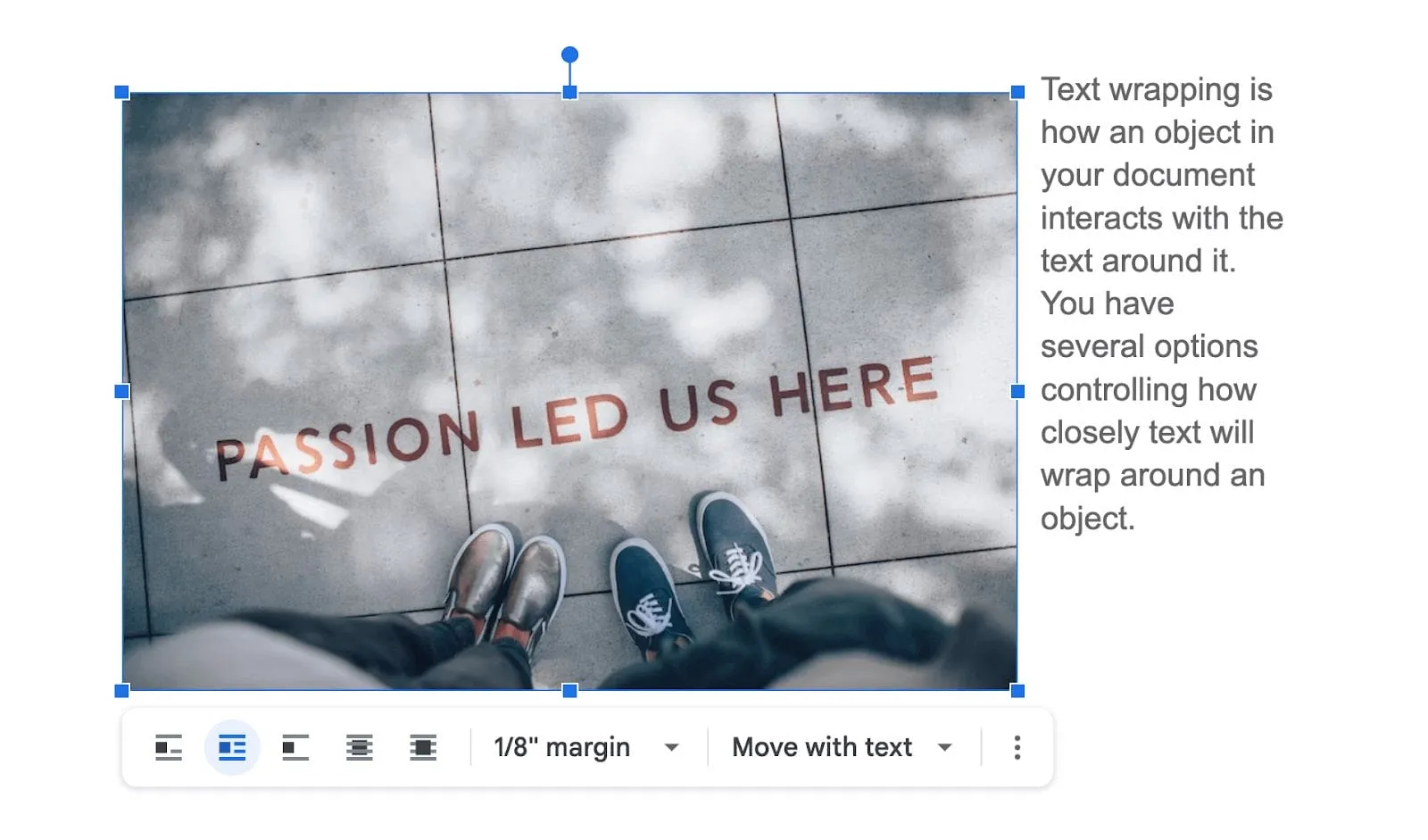 An image selected in Google Docs with the floating toolbar below it showing the five wrapping style icons, the margin setting and the Move with text option
