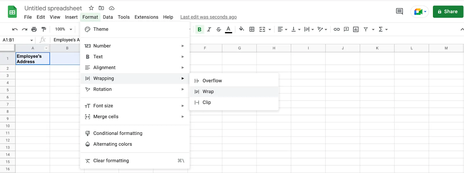 Google Sheets Format menu open with Wrapping highlighted and the Overflow, Wrap and Clip submenu showing
