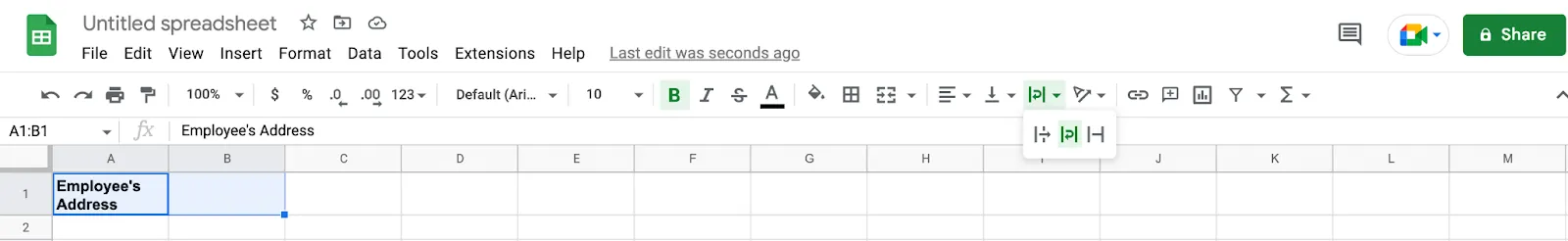 Google Sheets toolbar with the text wrapping icon clicked, showing the Overflow, Wrap and Clip options, and cell A1 holding wrapped text