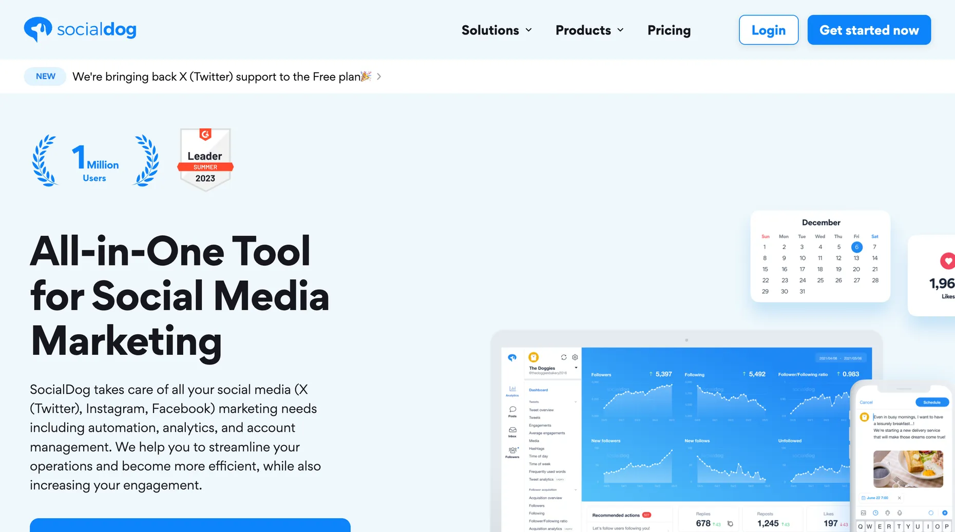 SocialDog homepage, an all-in-one social media tool that recently restored X (Twitter) support to its free plan