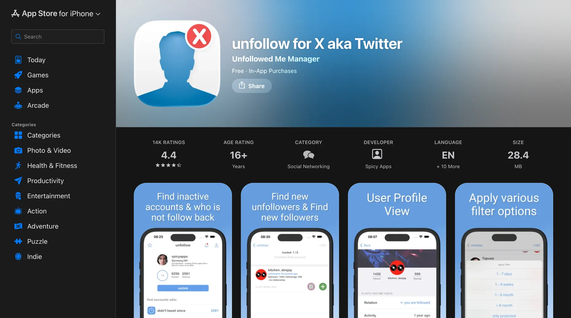 App Store listing for the unfollow for X aka Twitter iPhone app showing inactive account and unfollower features