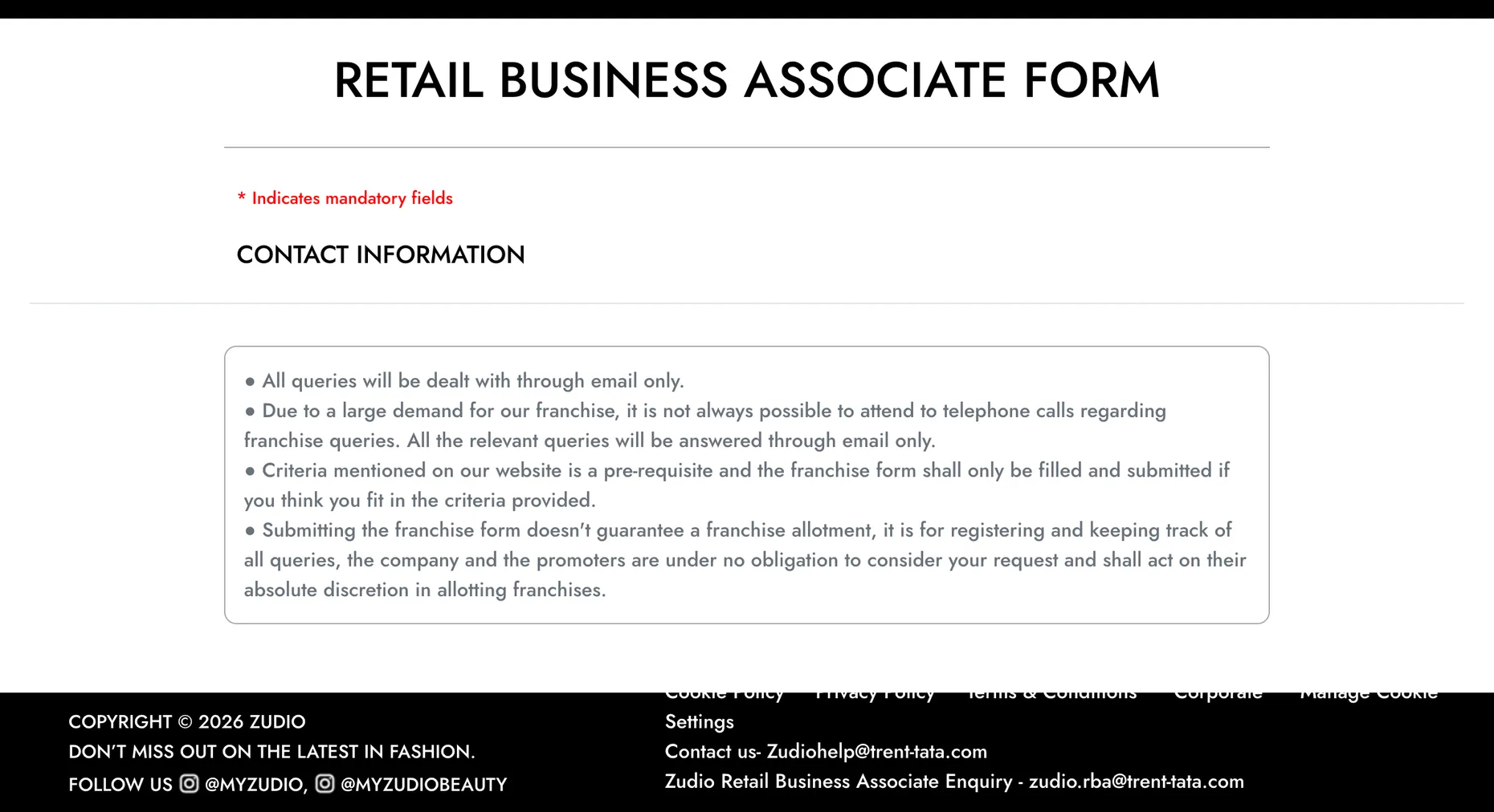 Zudio's official franchise page, headed Retail Business Associate Form, with a disclaimer that submitting the form does not guarantee a franchise allotment and the company is under no obligation to consider the request, plus the official contact emails Zudiohelp@trent-tata.com and zudio.rba@trent-tata.com